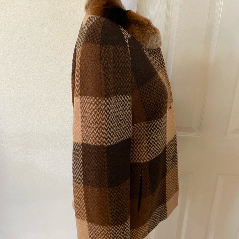 Alpaca Fashion Classic Basynu Lapin fur collar plaid coat, brown/beige Size M - Picture 13 of 16